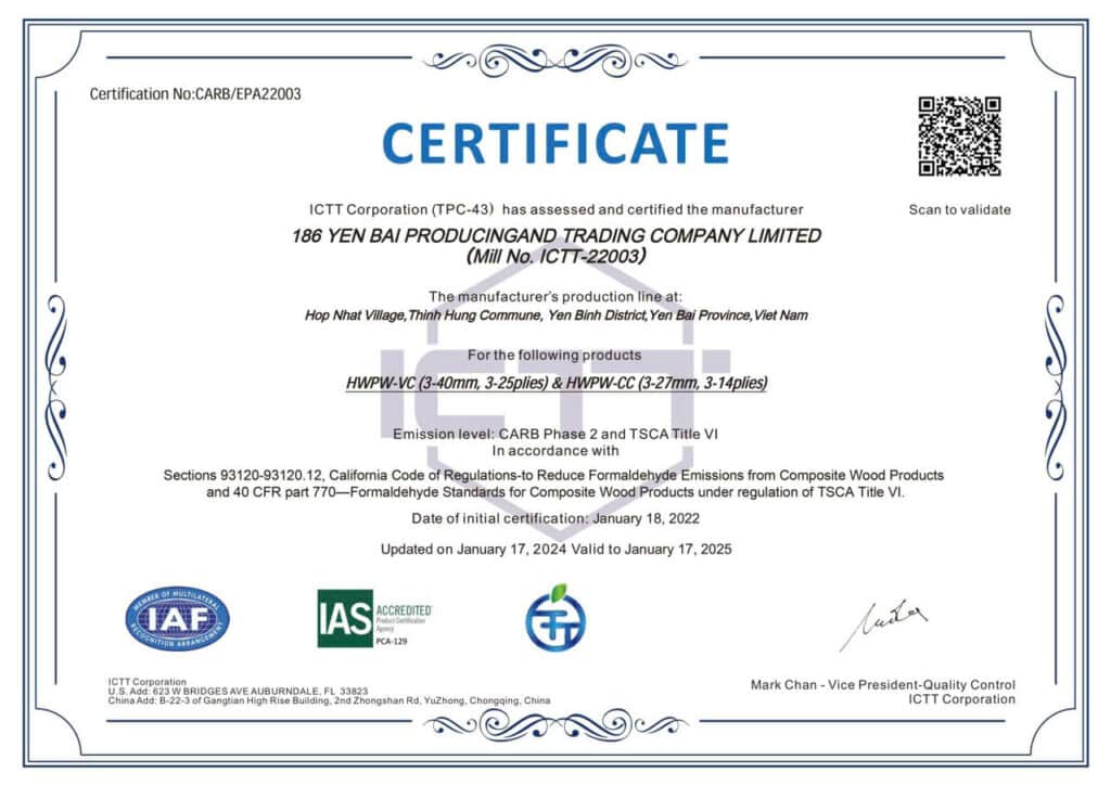 Our certifications speak for our commitment to quality and sustainability. 186 Yen Bai is proudly FSC®-certified, ensuring responsible forestry practices, and CARB/EPA-compliant for reduced formaldehyde emissions in line with global standards. Trust us for premium, eco-friendly plywood solutions.